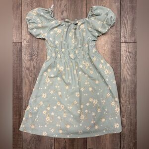 Girls Puff-Sleeve Floral Dress in Sage Green